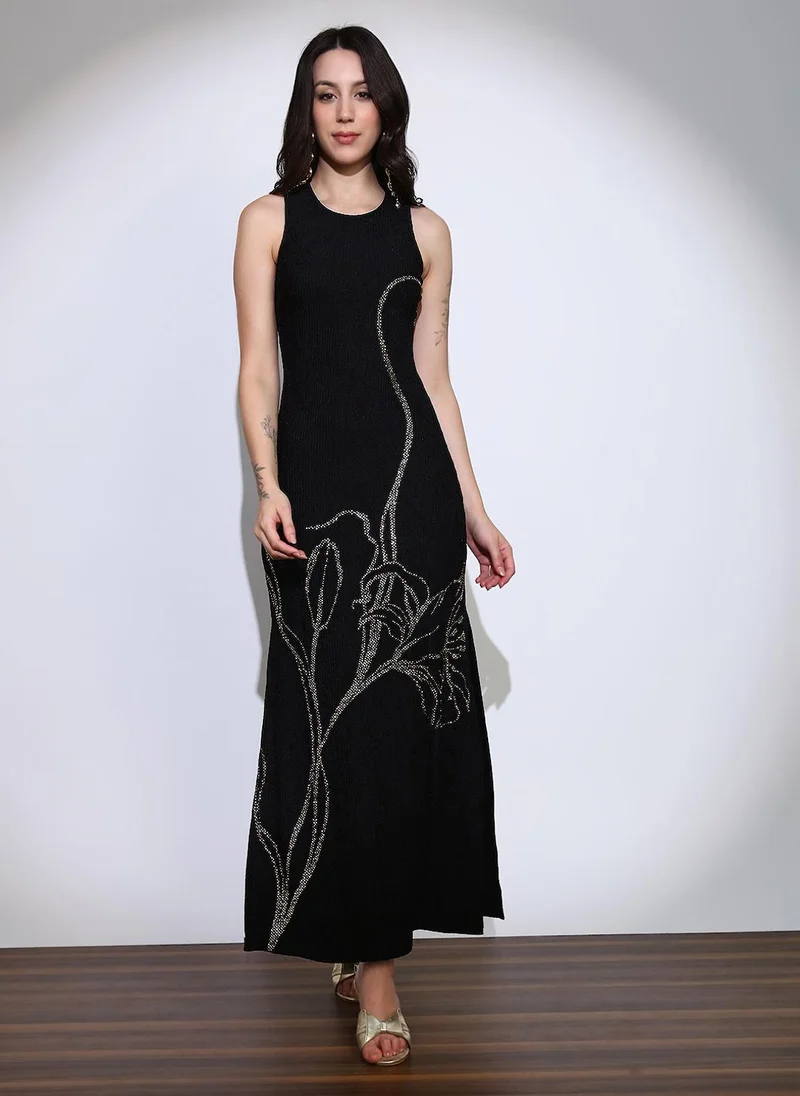 globus Globus Women Black Self Design Round Neck Embellished Detail Side Slits Bodycon Maxi Party Dress